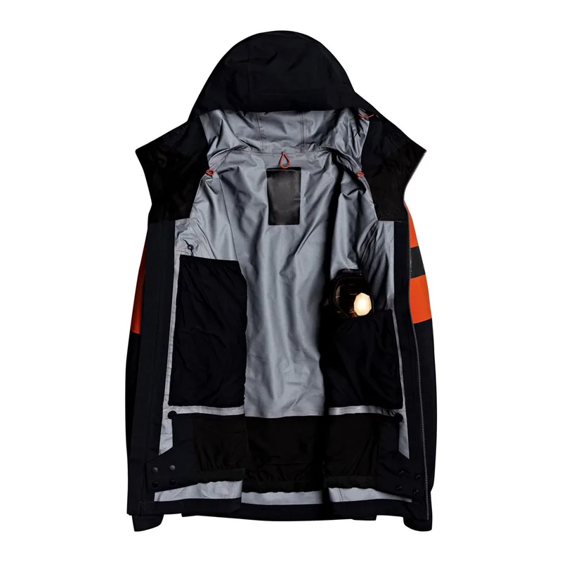 Unisex Panelled Shell Ski Jacket — Black & Orange — Black & Orange, open view, showing the lining
