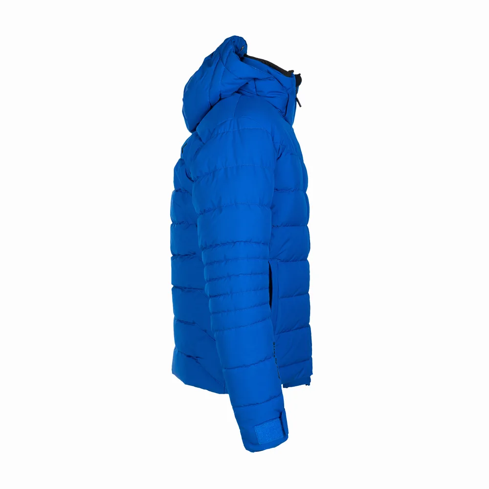 Unisex Quilted Jacket — Blue — Blue, side view with hood