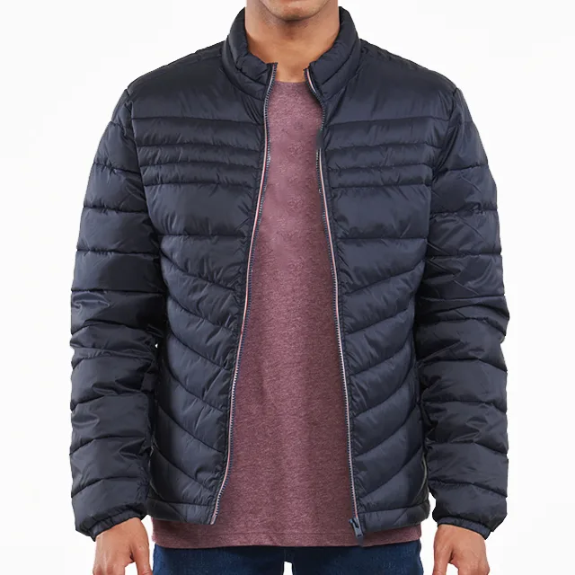 Unisex Quilted Jacket — Navy — Navy, front view, worn open