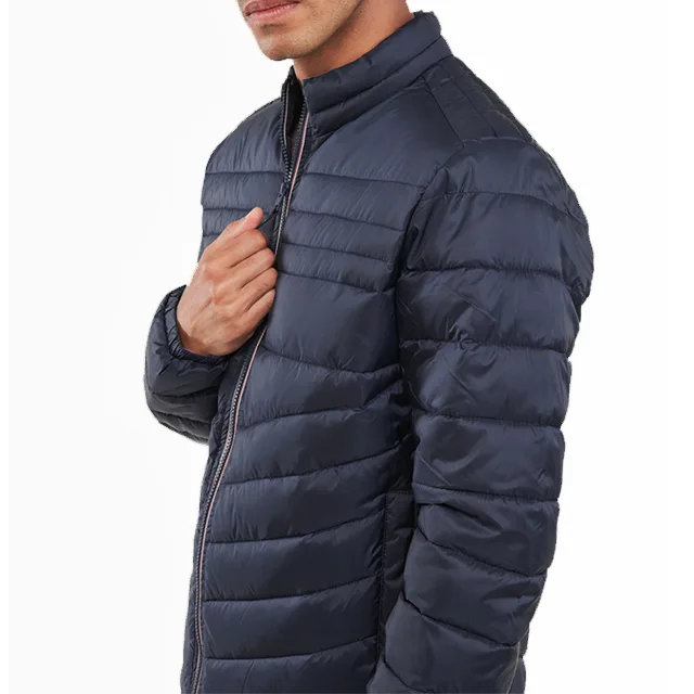 Unisex Quilted Jacket — Navy — Navy, side view, worn