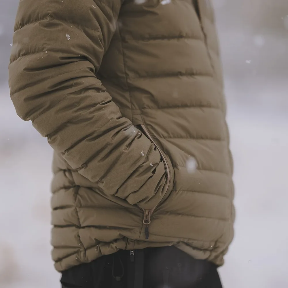 Unisex Quilted Jacket — Tan & Olive-Taupe — Tan, side view, worn
