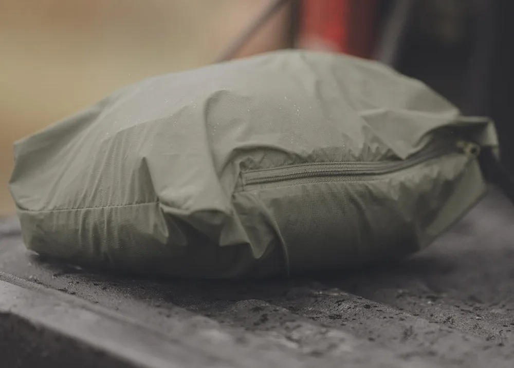 Unisex Quilted Jacket — Tan & Olive-Taupe — Olive-Taupe, packed in its pouch