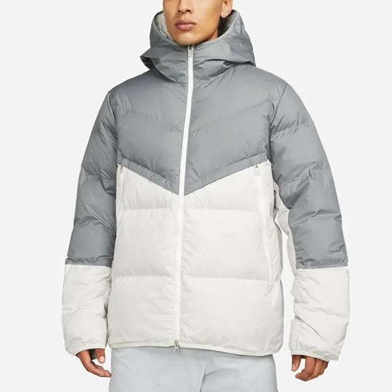 Unisex Colour-Block Puffer Jacket — 3 Colourways — Grey & White, worn front view