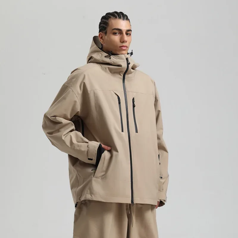 Unisex Recycled Ski Shell Jacket — Khaki, worn, three-quarter view