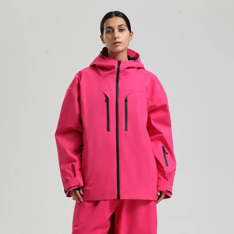 Unisex Recycled Ski Shell Jacket — Rose Red, worn front