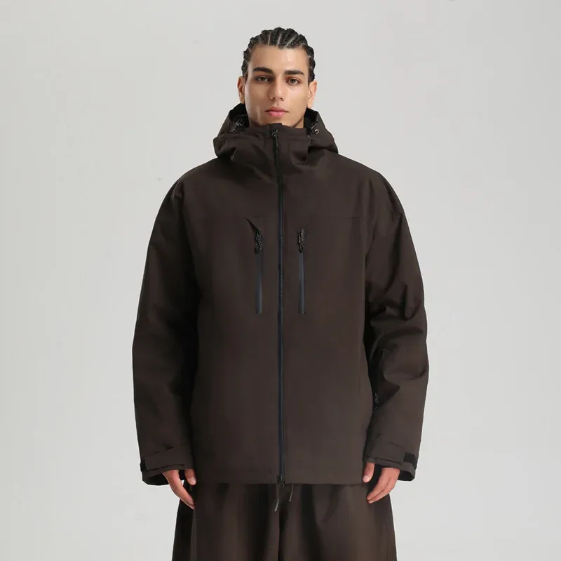 Unisex Recycled Ski Shell Jacket — Brown, worn front