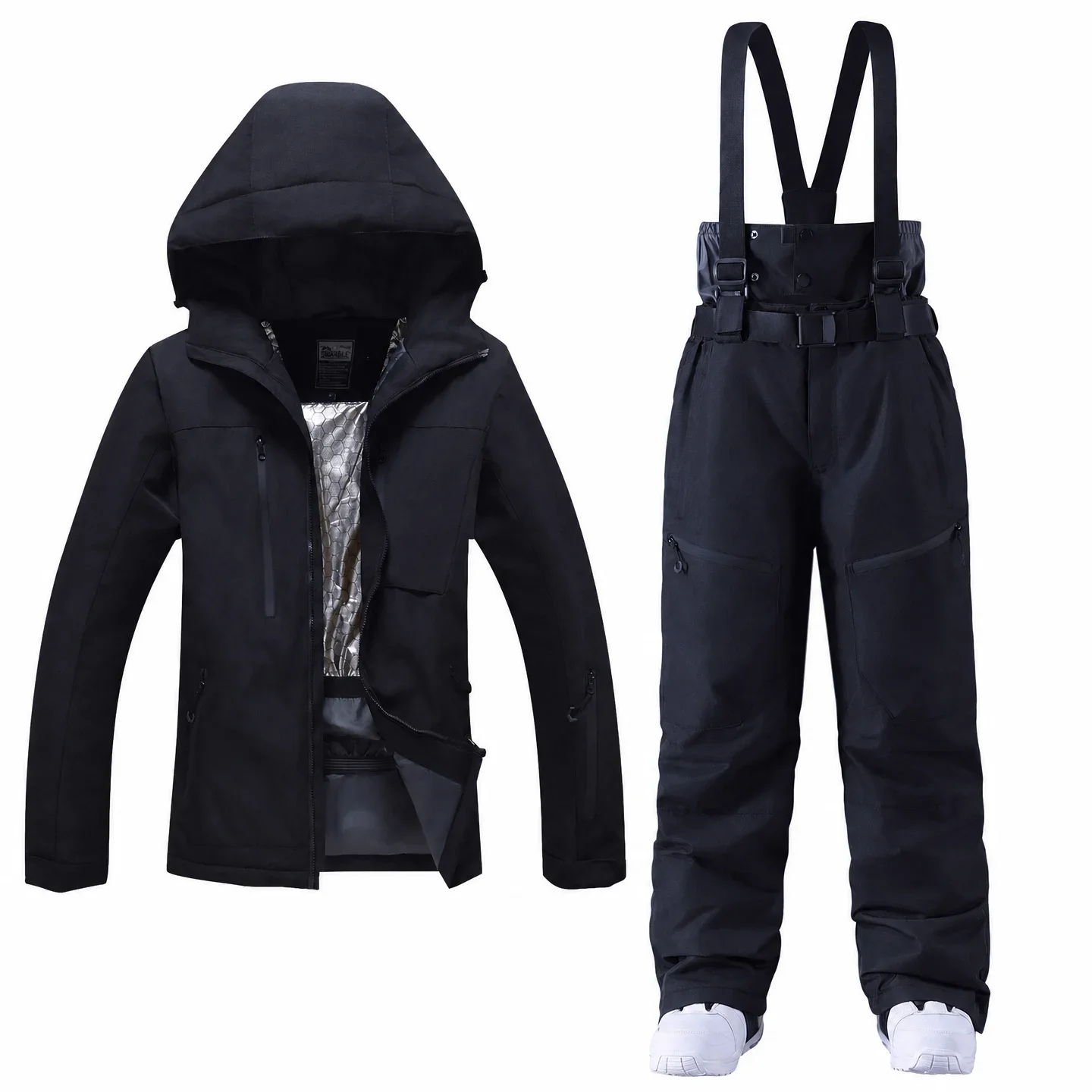 Unisex ski set in Black — insulated hooded jacket and bib pants