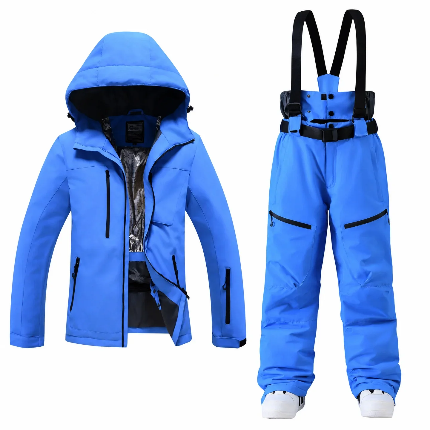Unisex ski set in Blue — insulated hooded jacket and bib pants