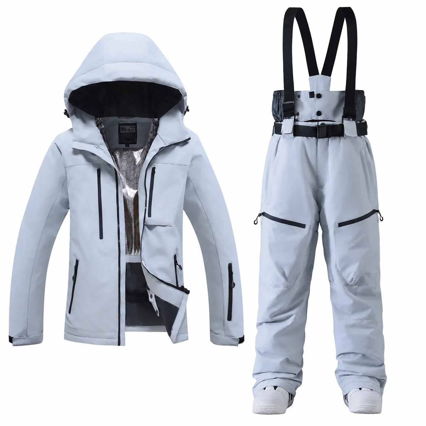 Unisex ski set in Light Blue — insulated hooded jacket and bib pants