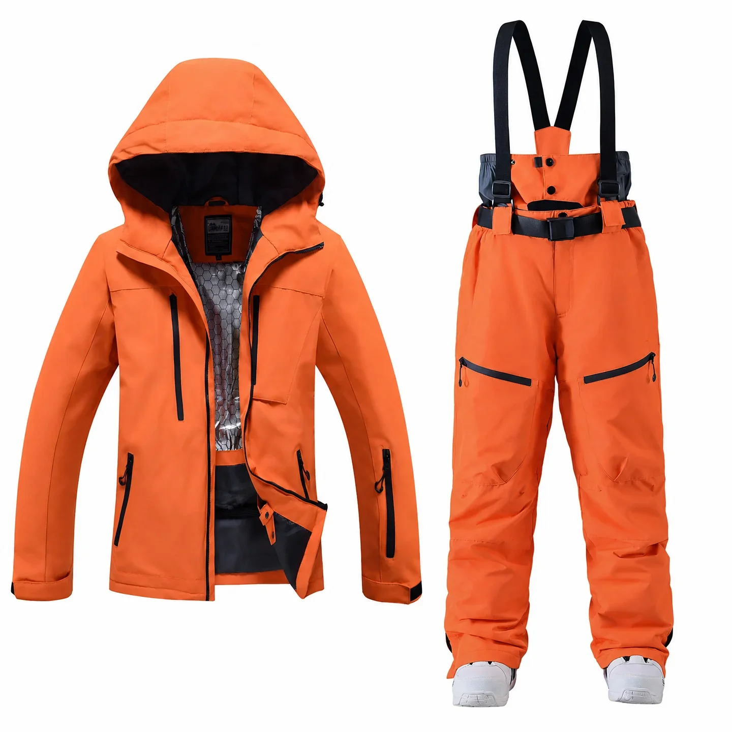 Unisex ski set in Orange — insulated hooded jacket and bib pants