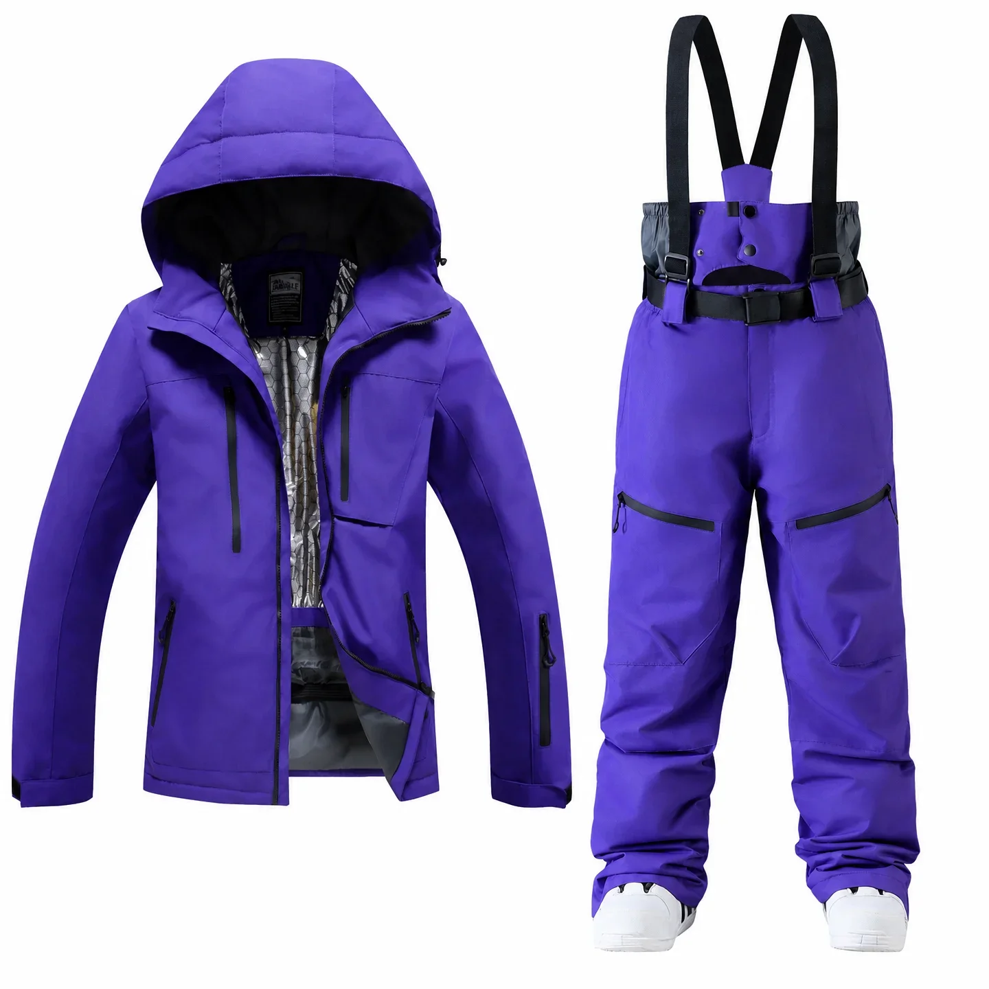 Unisex ski set in Purple — insulated hooded jacket and bib pants
