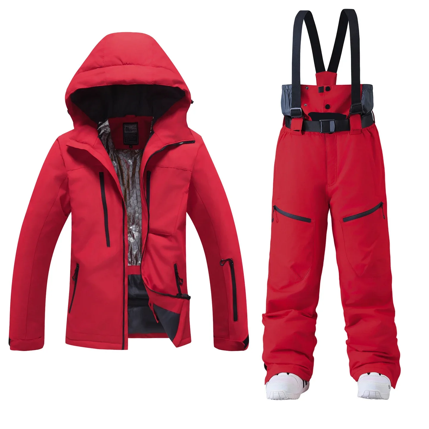 Unisex ski set in Red — insulated hooded jacket and bib pants