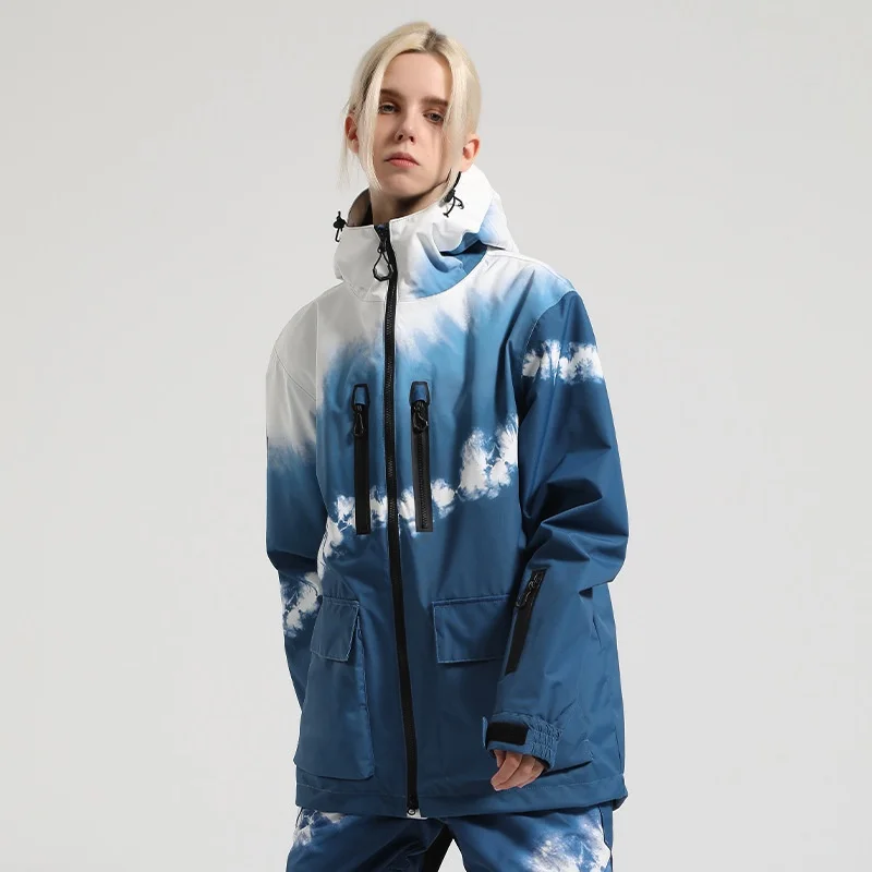 Unisex ski jacket — Blue/White Tie-Dye, worn, front