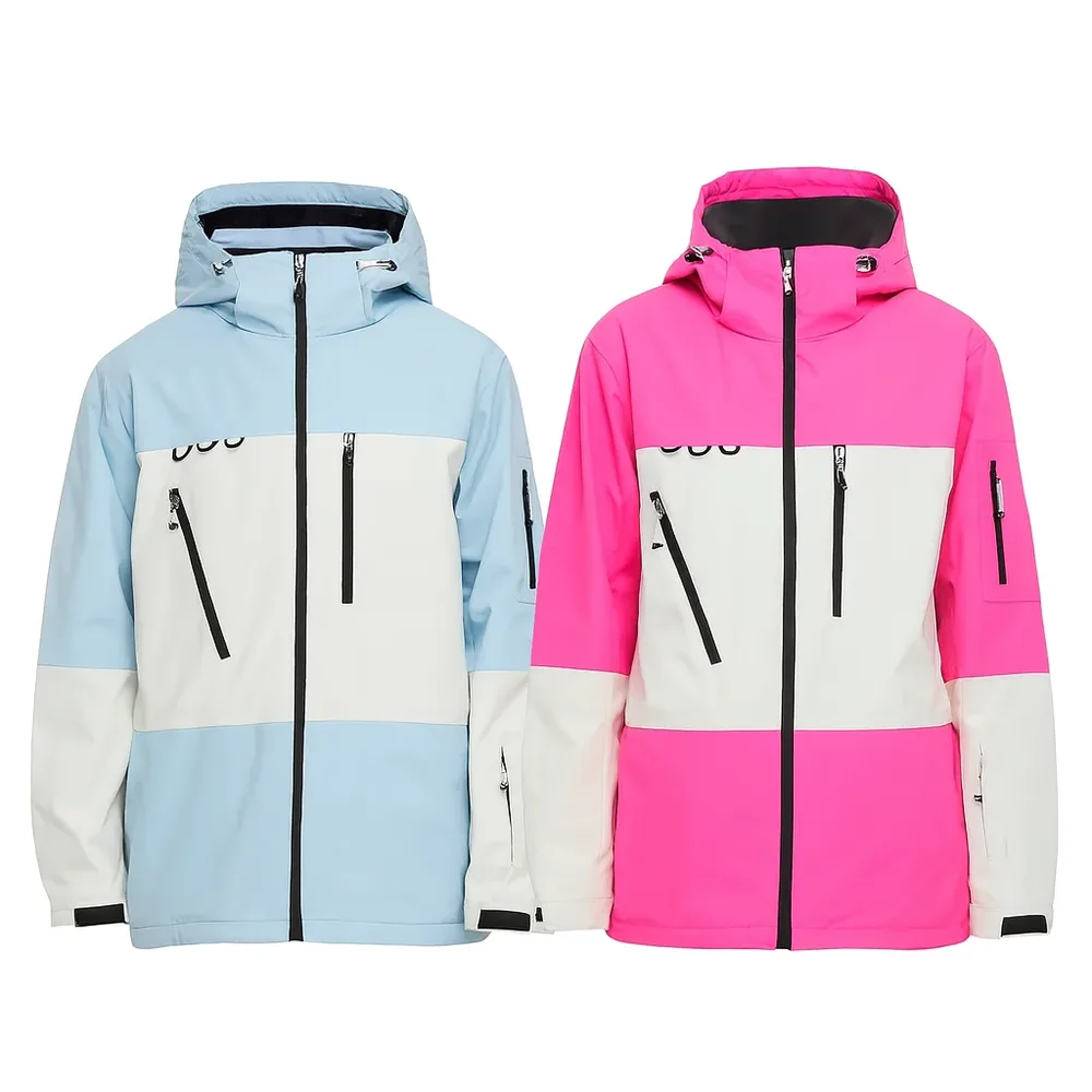 Unisex Ski Jacket — 8 Colourways — Light Blue / White and Pink / White, front view, two colourways