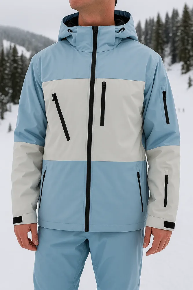 Unisex Ski Jacket — 8 Colourways — Light Blue / White, worn front view