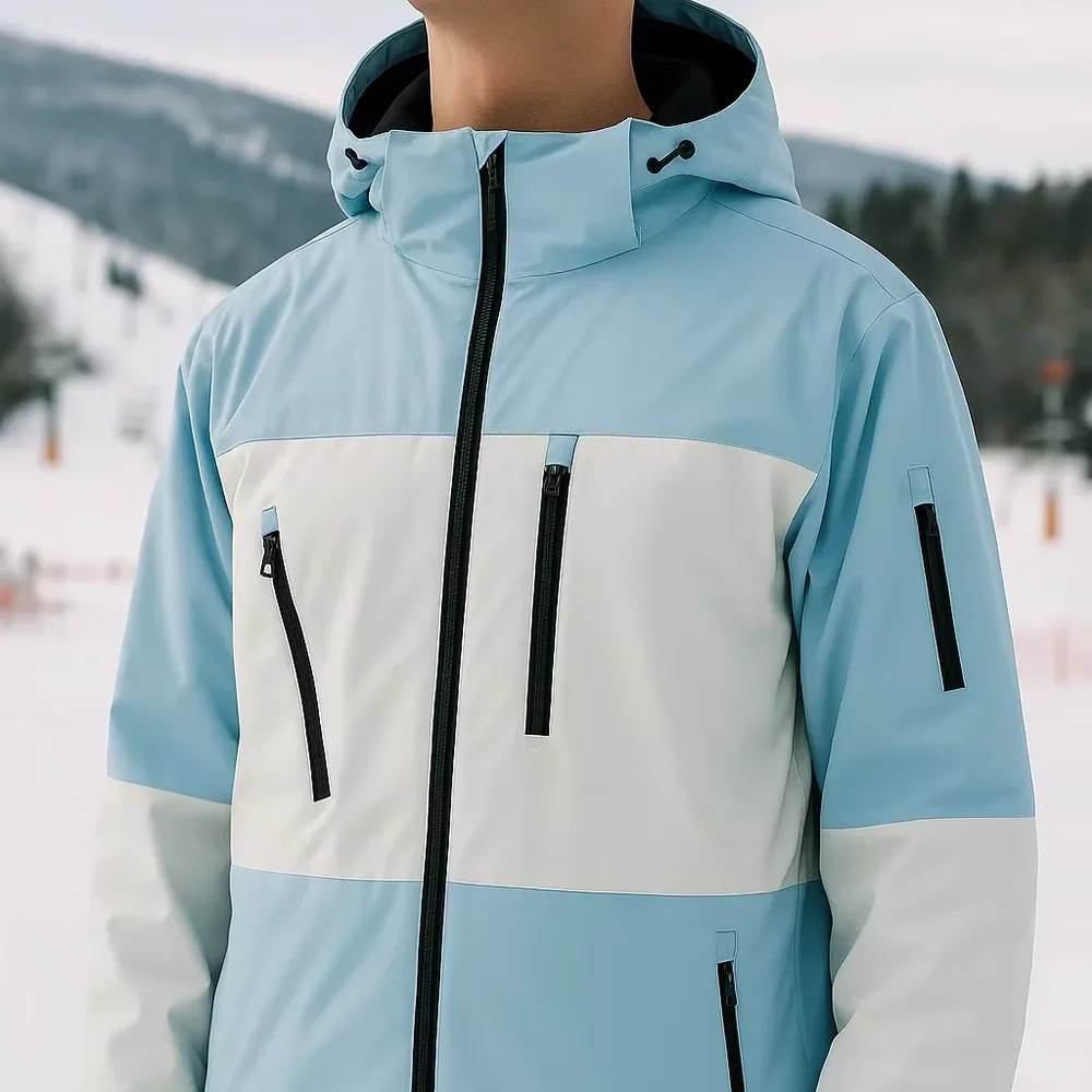 Unisex Ski Jacket — 8 Colourways — Light Blue / White, front detail