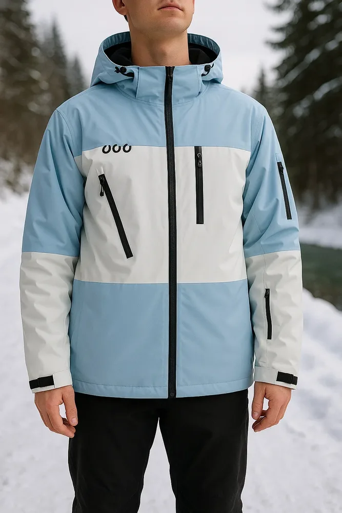 Unisex Ski Jacket — 8 Colourways — Light Blue / White, worn view