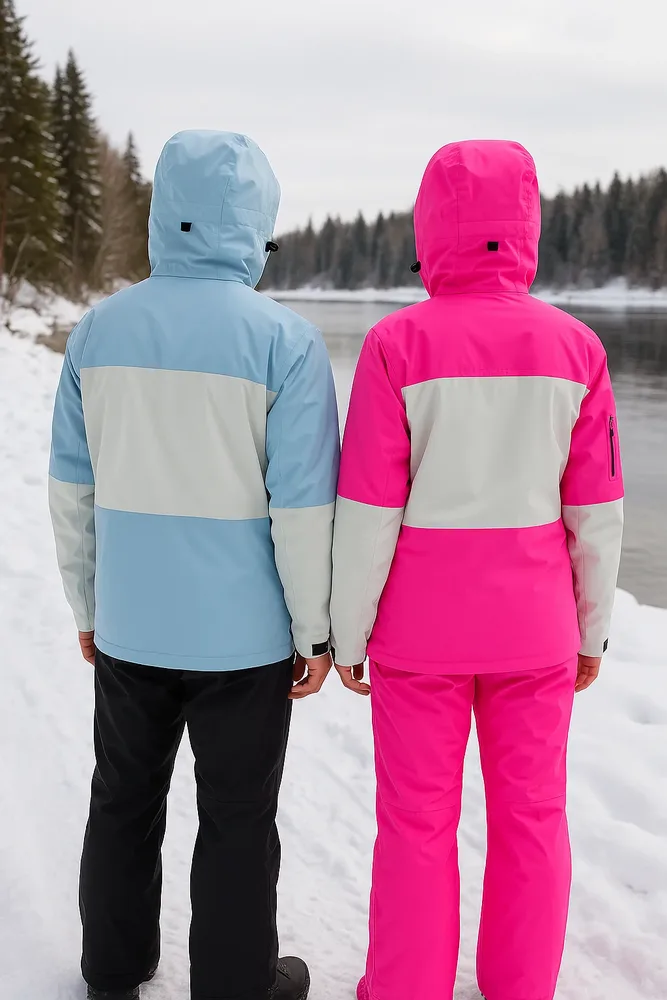 Unisex Ski Jacket — 8 Colourways — Light Blue / White and Pink / White, worn back view