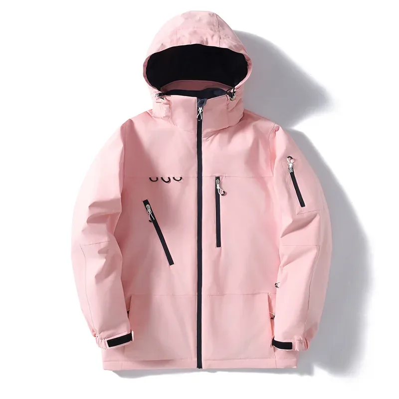 Unisex Ski Jacket — 8 Colourways — Pink / White, flat front view