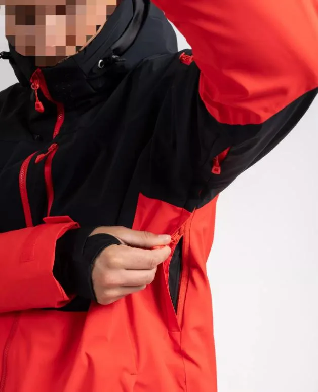 Unisex Ski Jacket — Black & Red — Black & Red, underarm and pocket detail