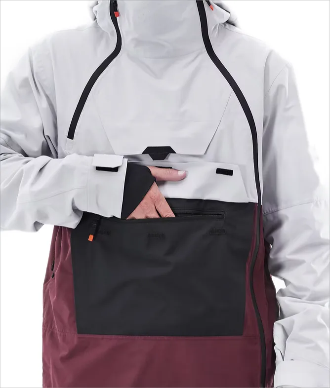 Unisex Ski Jacket — White, Grey & Burgundy — White, Grey & Burgundy, kangaroo pocket detail