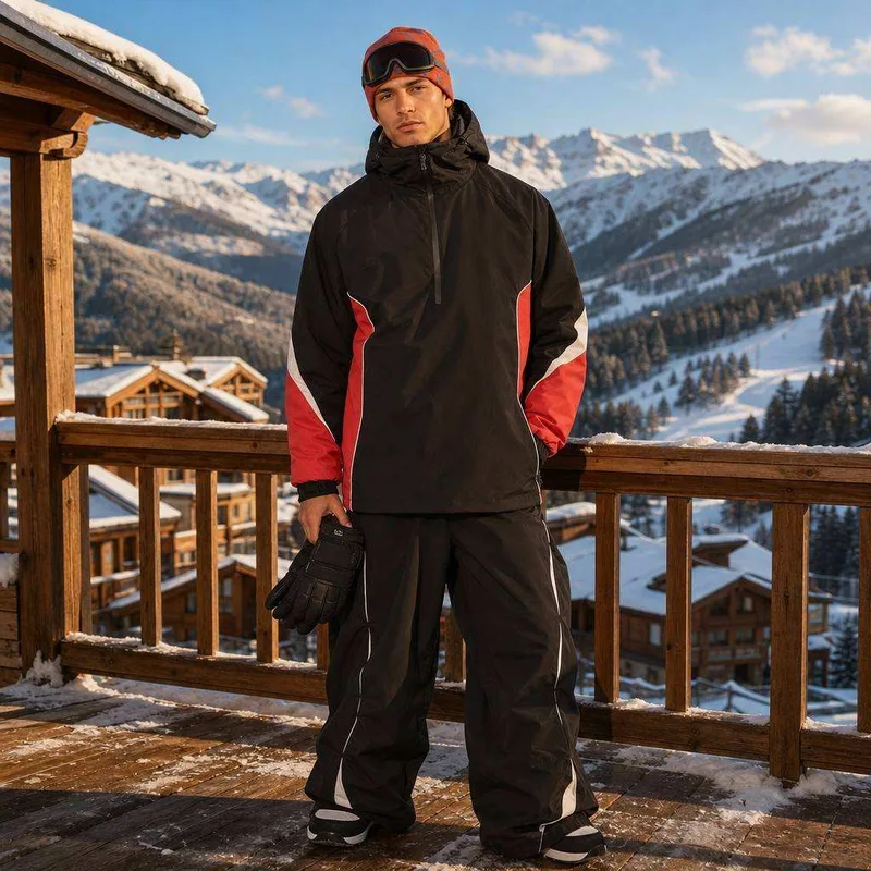 Unisex Two-Piece Ski Suit Set — Black & Red — 1 Colourway — Black & Red, standing front view at a mountain chalet