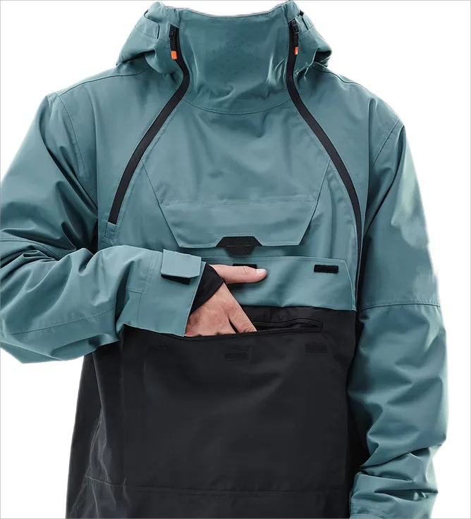 Unisex Snowboard Jacket — Light Blue & Black — Light Blue & Black, kangaroo pocket detail