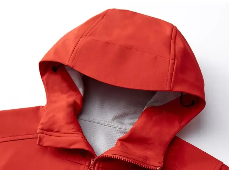 Unisex Softshell Hiking Jacket — Flame Red, hood detail