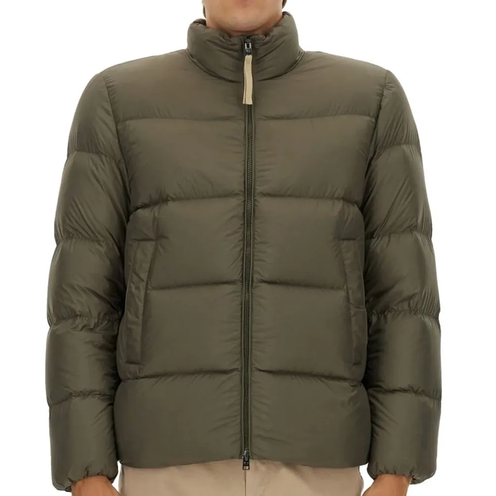 Unisex Puffer Jacket — 4 Colourways — Army Green, front view, worn