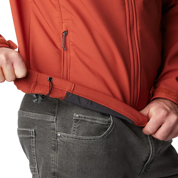 Unisex Stand-Collar Softshell Jacket — Sky Blue & Rust Orange — Rust Orange, drawcord hem detail