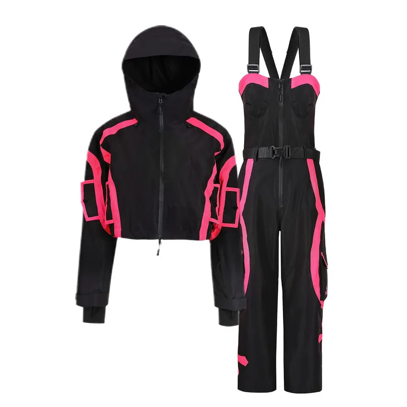 Unisex Two-Piece Ski Set with Bib Pants — 4 Colourways — Black & Pink, jacket and bib pants set