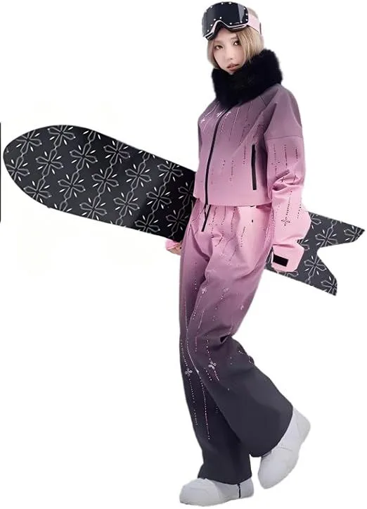 Unisex Two-Piece Ski Set with Bib Pants — 4 Colourways — Pink Gradient, worn with snowboard