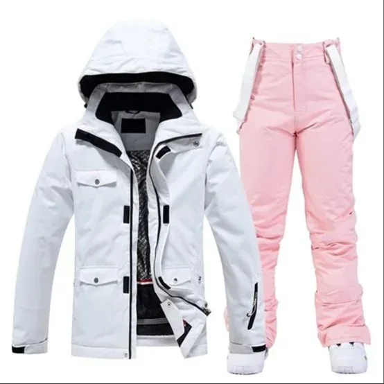 Unisex Two-Piece Ski Suit — 7 Colour Combinations — White jacket / Pink pants, front view