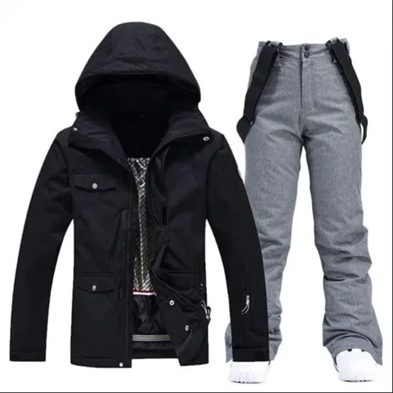Unisex Two-Piece Ski Suit — 7 Colour Combinations — Black jacket / Grey pants, front view