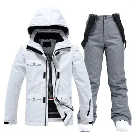 Unisex Two-Piece Ski Suit — 7 Colour Combinations — White jacket / Grey pants, front view