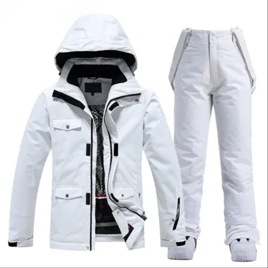 Unisex Two-Piece Ski Suit — 7 Colour Combinations — White jacket / White pants, front view
