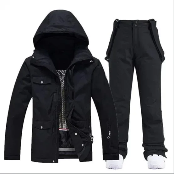 Unisex Two-Piece Ski Suit — 7 Colour Combinations — Black jacket / Black pants, front view