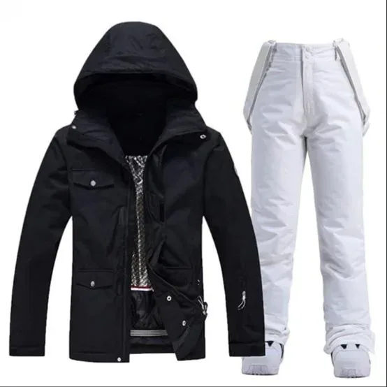Unisex Two-Piece Ski Suit — 7 Colour Combinations — Black jacket / White pants, front view