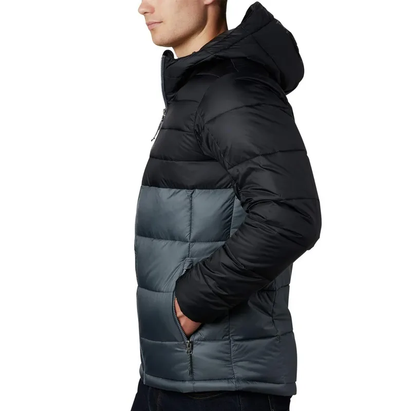 Unisex Two-Tone Hooded Puffer Jacket — 5 Colourways — Black & Slate, worn side view