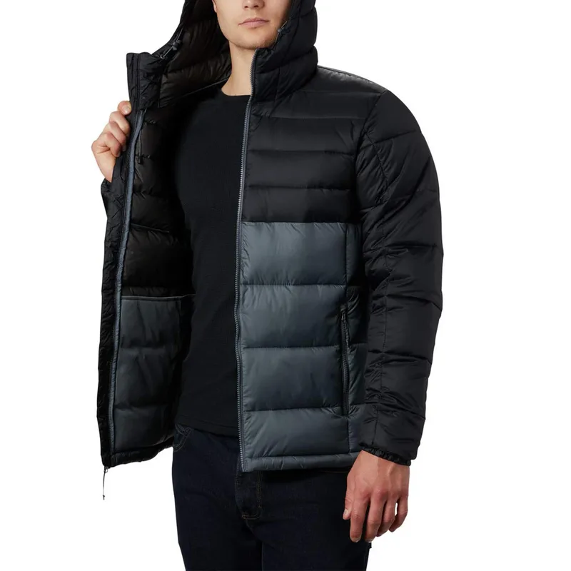 Unisex Two-Tone Hooded Puffer Jacket — 5 Colourways — Black & Slate, worn open view