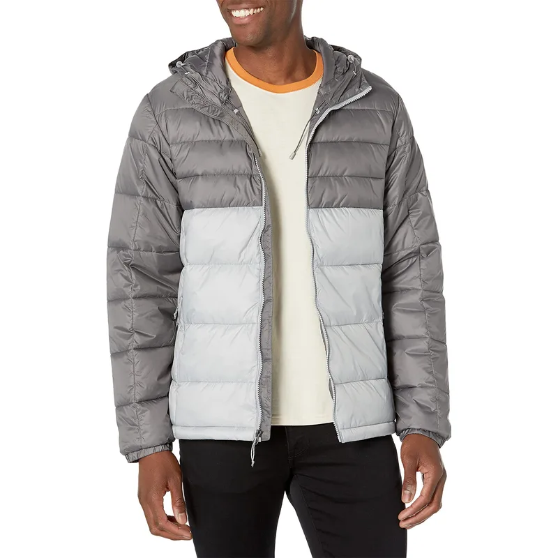 Unisex Two-Tone Hooded Puffer Jacket — 5 Colourways — Grey & Light Grey, worn front view