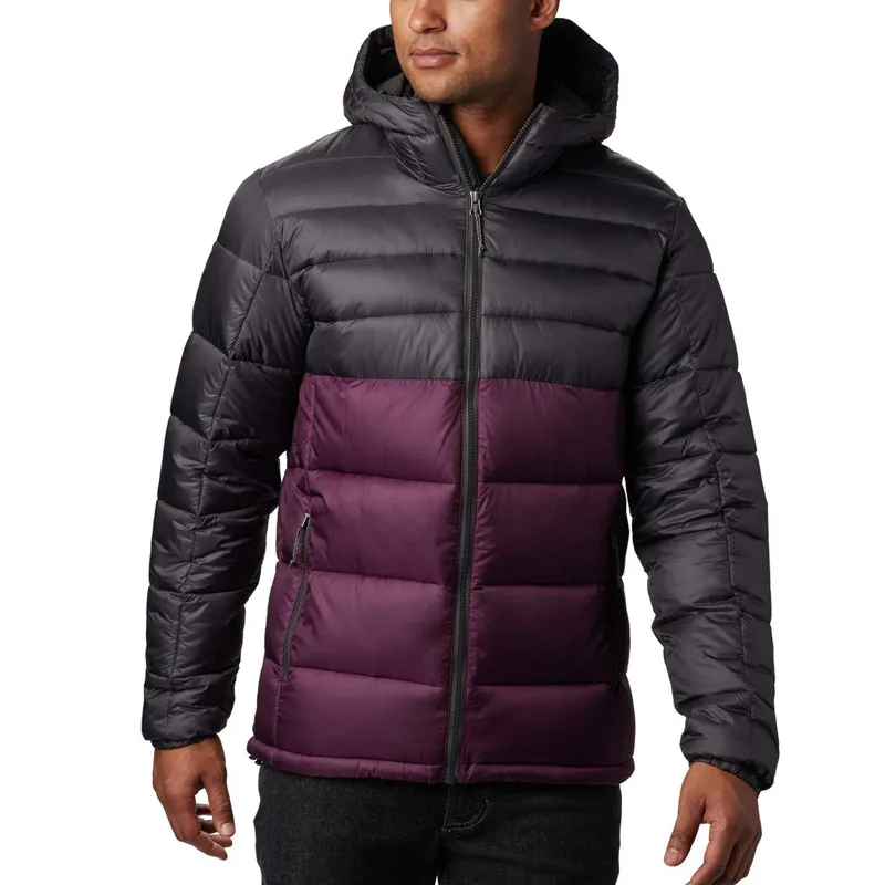 Unisex Two-Tone Hooded Puffer Jacket — 5 Colourways — Charcoal & Burgundy, worn front view