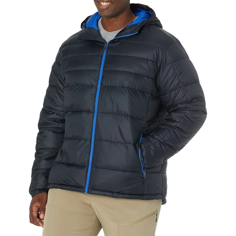 Unisex Two-Tone Hooded Puffer Jacket — 5 Colourways — Navy, worn front view
