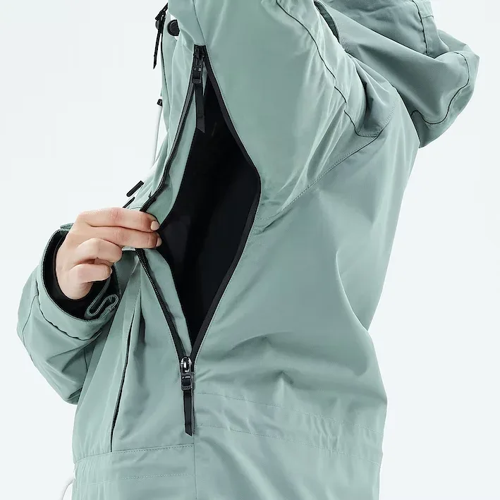 Women's Anorak Ski Jacket — 4 Colourways — Sage, side zip open view