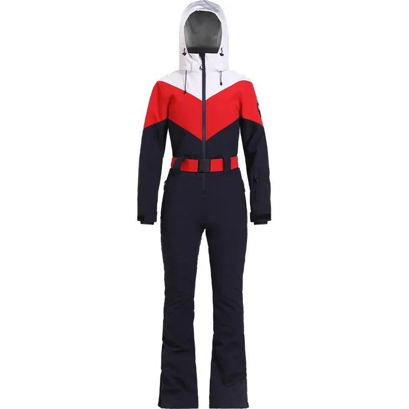 Women's Belted Down One-Piece Ski Suit — 3 Colourways — Navy, mannequin front view