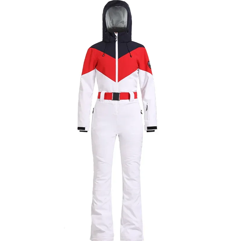 Women's Belted Down One-Piece Ski Suit — 3 Colourways — White, mannequin front view