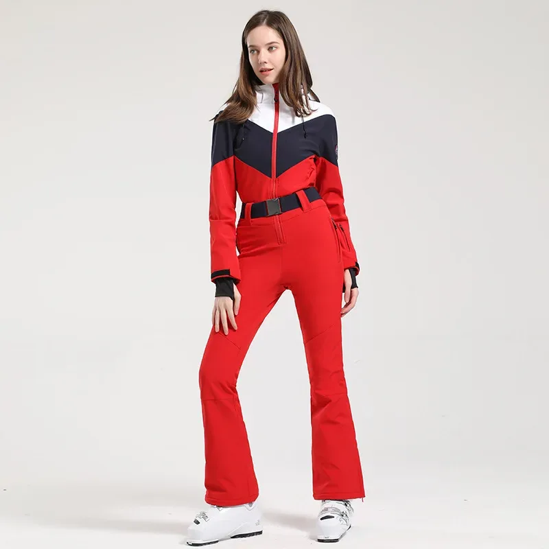 Women's Belted Down One-Piece Ski Suit — 3 Colourways — Red, worn front view, full length