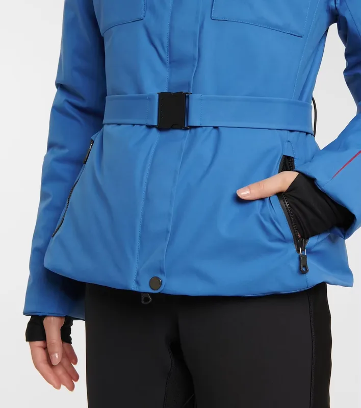 Women's Belted Softshell Jacket — Blue — Blue, waist belt and pocket detail