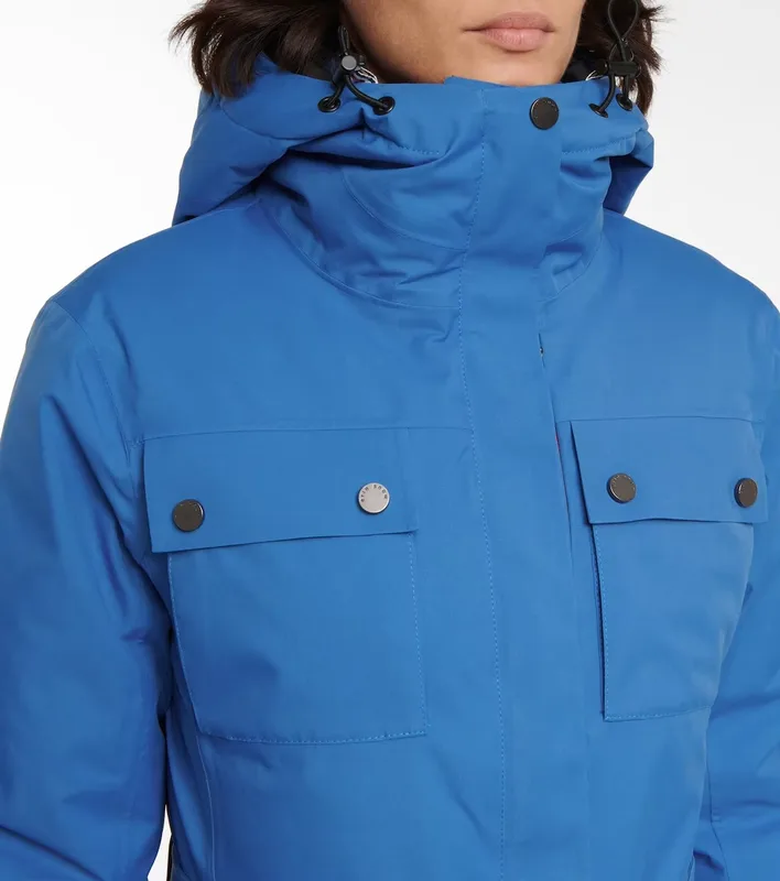 Women's Belted Softshell Jacket — Blue — Blue, collar and chest pocket detail