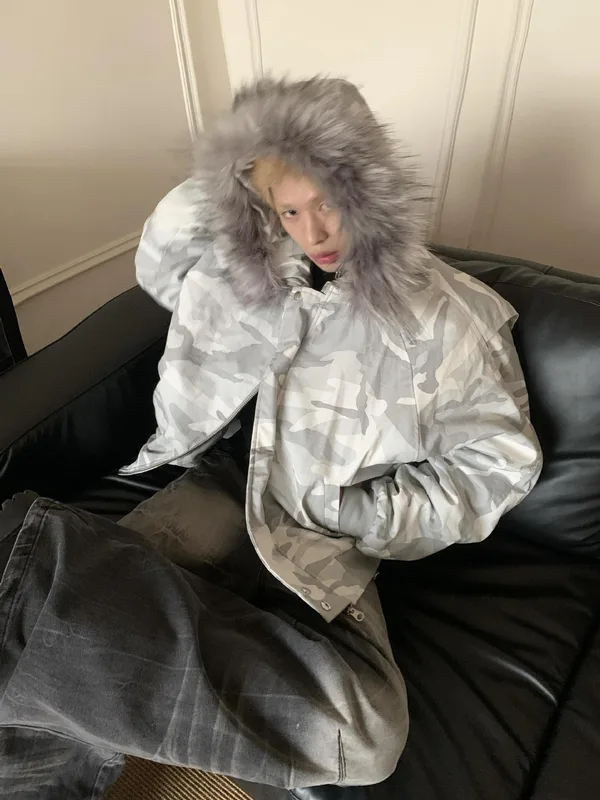 Women's Camo Fur-Trim Hooded Puffer Jacket — 1 Colourway — Snow Camo, worn seated view, hood up